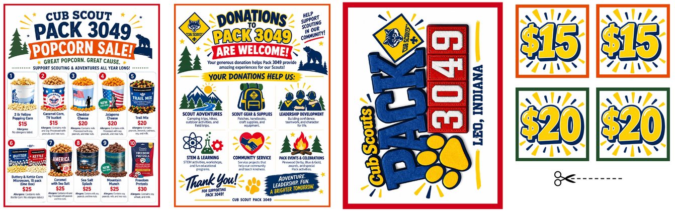 Four pages from the Pack 3049 advertising kit: a popcorn sale poster listing all ten products with prices and allergens, a Donations to Pack 3049 Are Welcome poster showing what donations pay for, a Cub Scouts Pack 3049 Leo Indiana logo sheet, and a page of cut-out price tags.